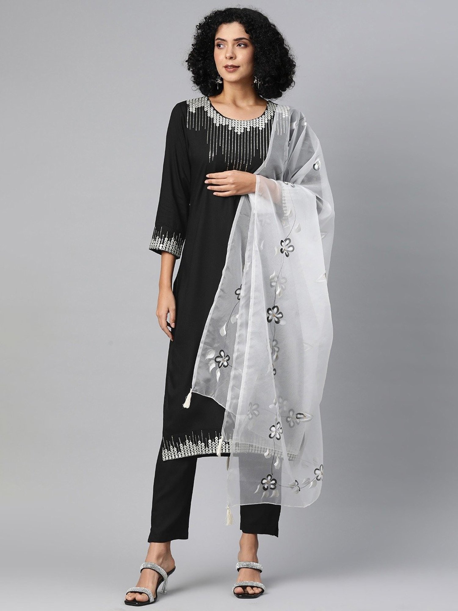 READIPRINT FASHIONS Black Embroidered Kurta Pant Set With Dupatta