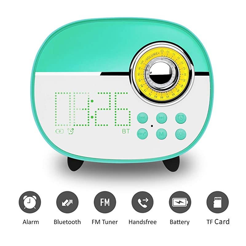 CR1+ Portable FM Radio with Wireless Bluetooth HandsFree Call ClockAlarm Colorful LED Lighting AutoTune Builtin Rechargeable Battery for Portable Soft Rubber Paint Green