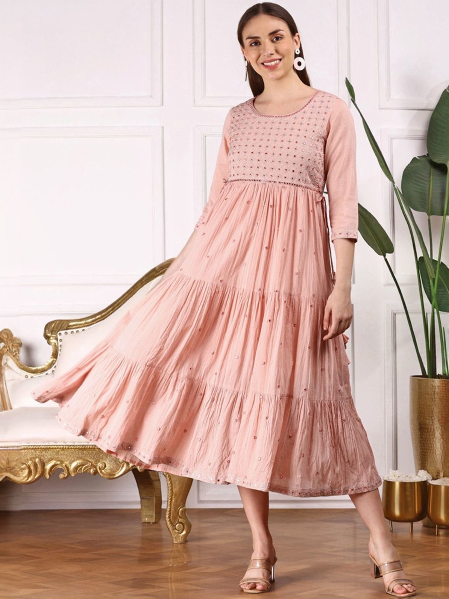 Ishin Peach Cotton Embroidered A-Line Dress
