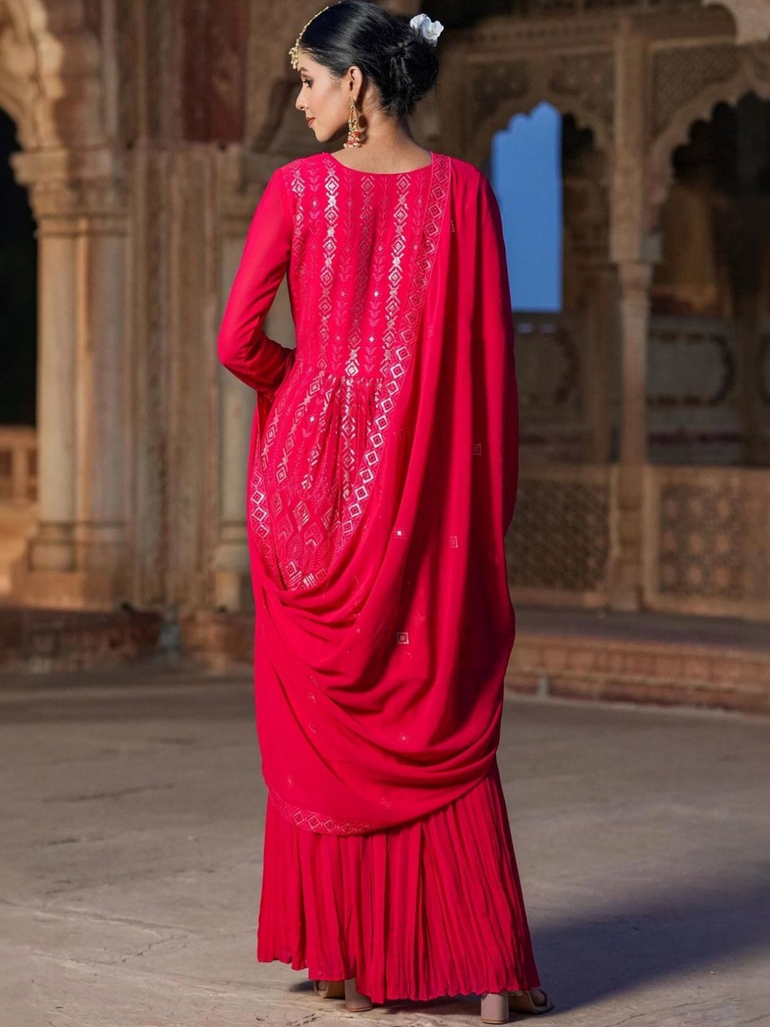 Scakhi Red Georgette Sequin Embroidered Suit Set Tunic With Palazzo And Dupatta