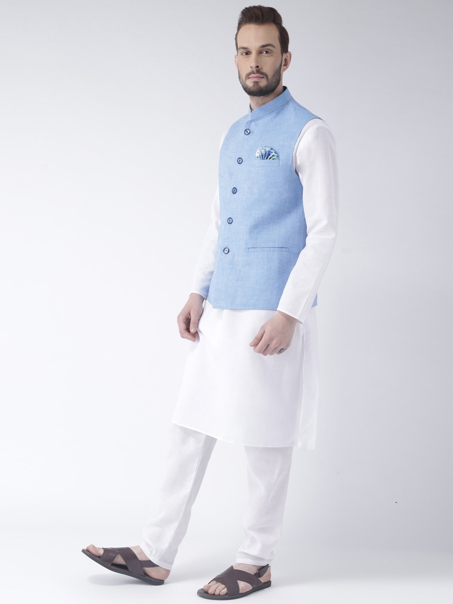 Hangup Plus White & Blue Regular Fit Kurta & Pyjamas Set With Nehru Jacket