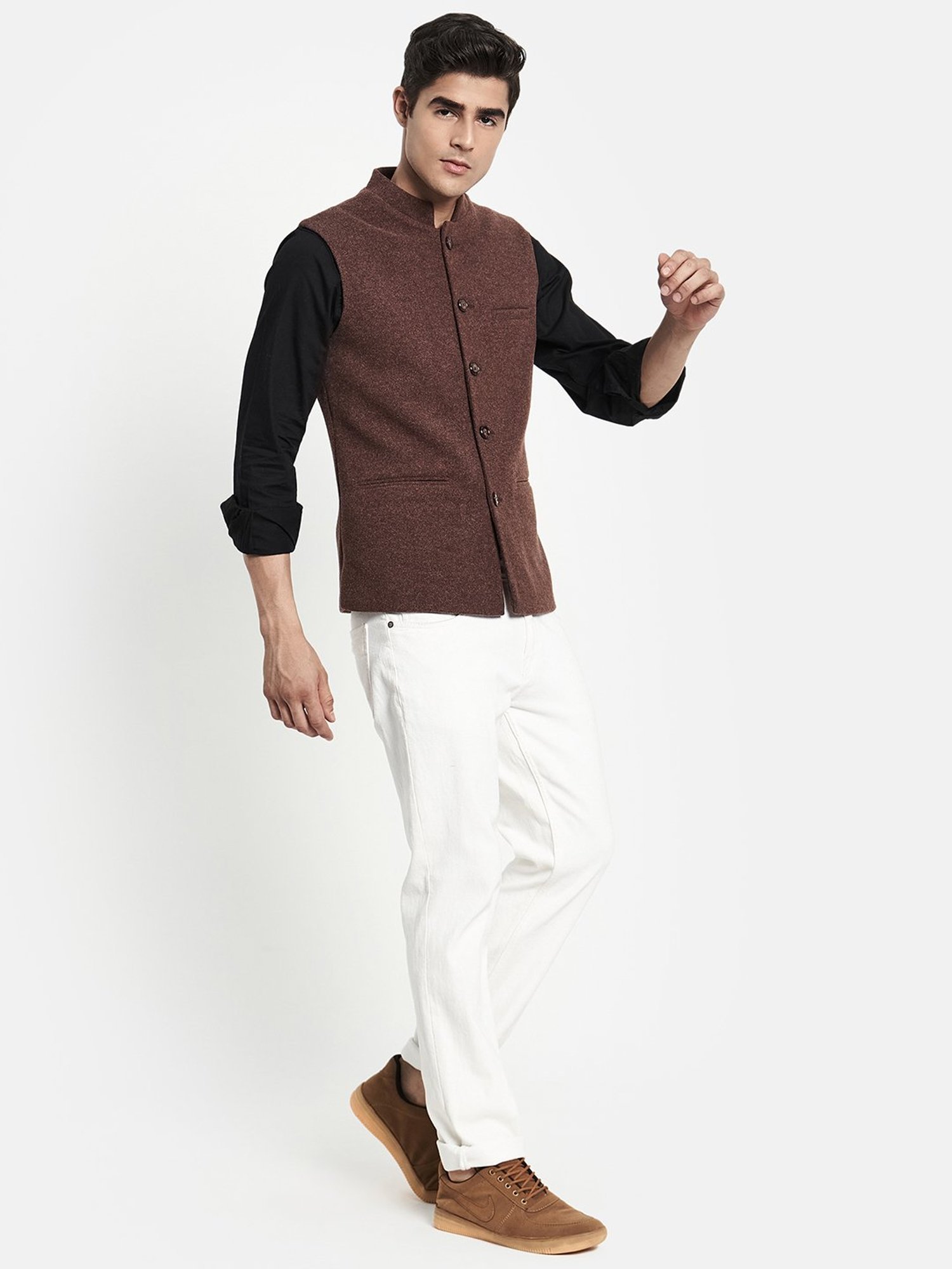 METTLE Dark Brown Mandarin Collar Nehru Jacket