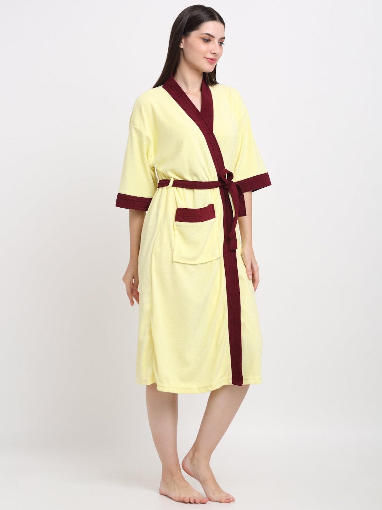 Creeva Everyday Lemon & Wine 225 GSM Micro Terry Bathrobe with Front Pocket & Kimono Collar