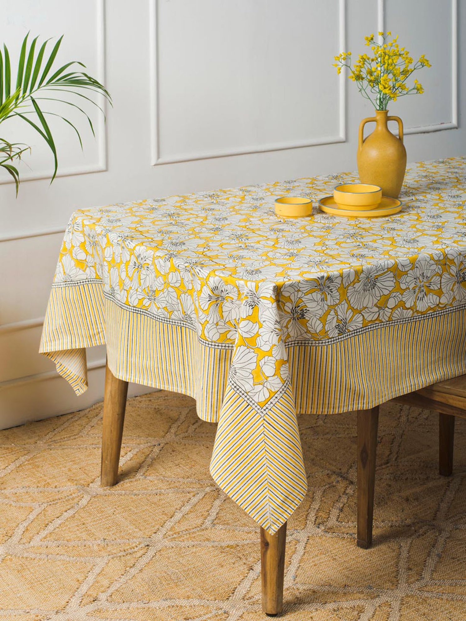 Fabindia Yellow Cotton Kusum Hand Block Printed Table Cover- 6 Seater