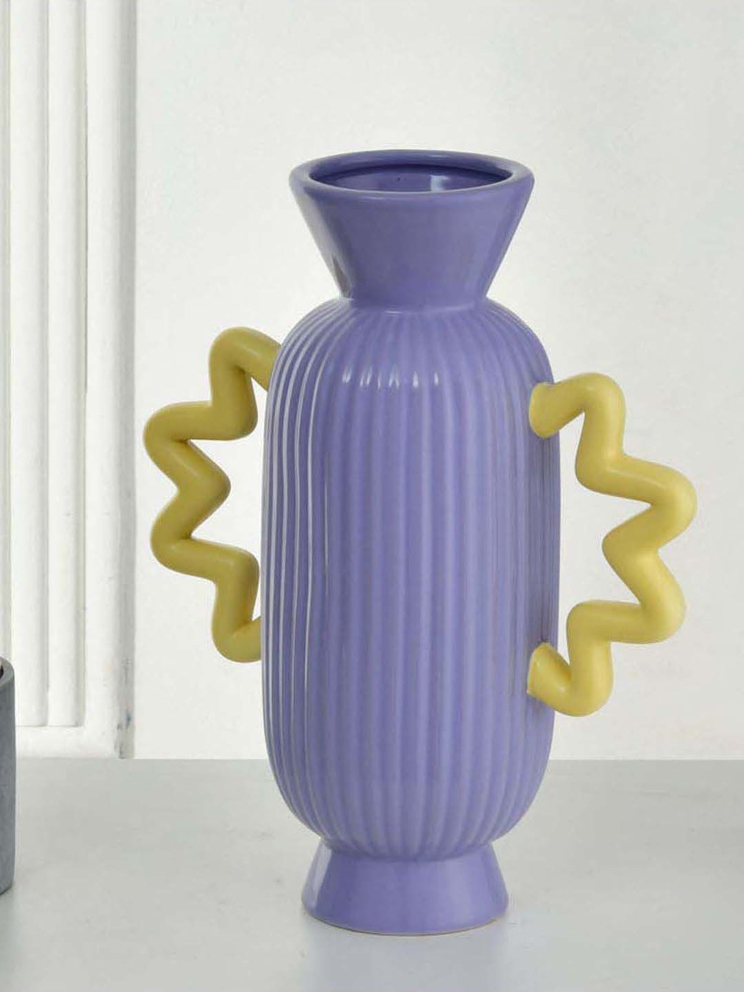 @home Purple & Yellow Dolomite Decorative Fluted Design Vase With 2 Curvy Handles