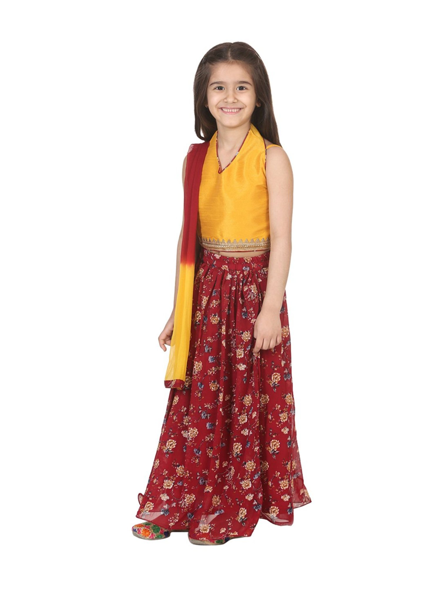 BownBee Kids Maroon & Yellow Printed Lehenga Choli With Dupatta