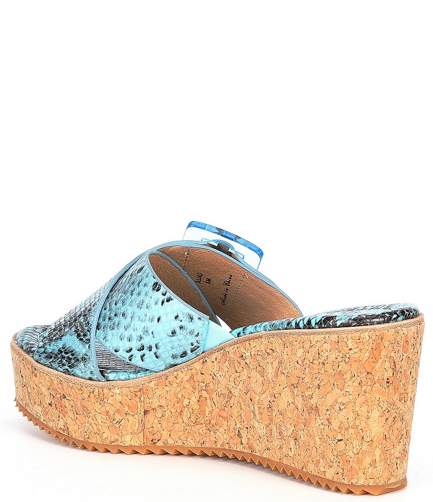Donald Pliner Illiad Leather Snake Print Buckle Platform Cork Wedges