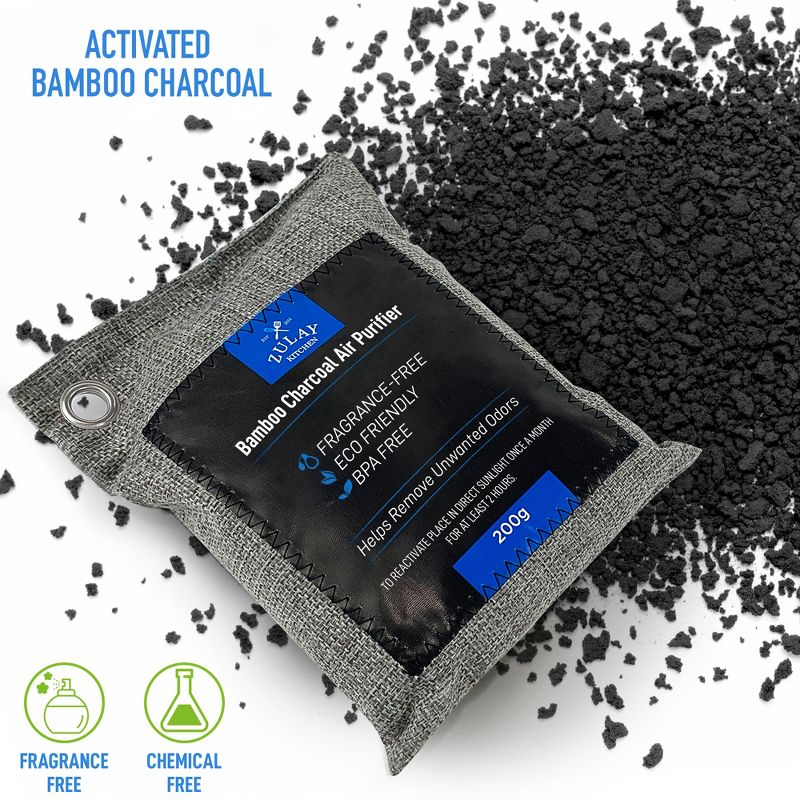 Zulay Kitchen 4 Pack 100% Bamboo Charcoal Air Purifying Bags - Activated Charcoal Odor Absorber - Odor Handler for Unpleasant Smells