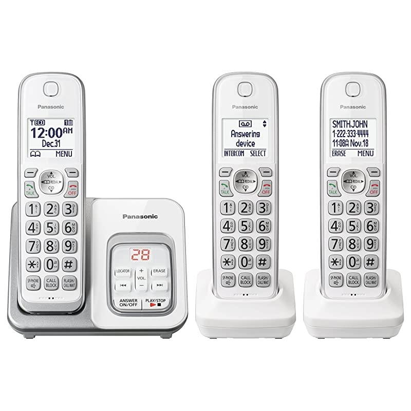 Expandable Cordless Phone System with Answering Machine and Call Block - 3 Cordless Handsets - KX-TGD533W (White/Silver)