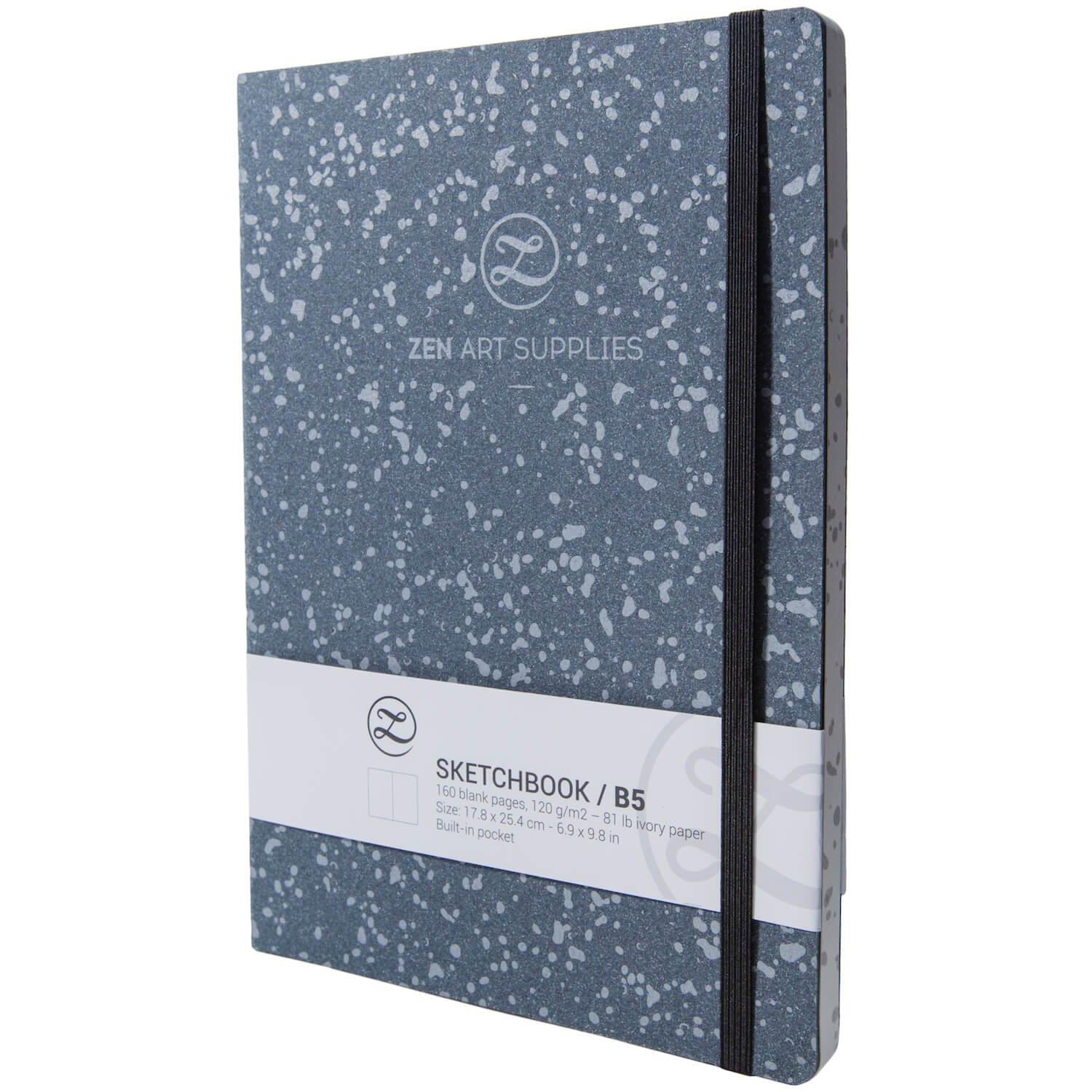 ZenArt's B5 (7&rdquo;x10&rdquo;) Sketchbook Journal - Durable Engineered Leather Cover, 160 Blank Pages of Smooth 120 GSM Acid-Free Ivory Paper, Inner Pocket, 2 Bookmarks & Elastic Band