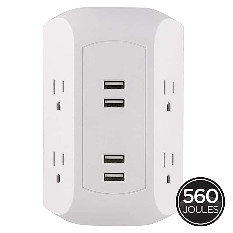 UltraPro 4-Outlet Sur Protector with 4 USB Ports, 2 Pack, Spaced Wall Tap, Side-Access, Charging Station, for iPhone/iPad/Samsung Galaxy/Google Pixel, 560 Joules, UL Listed, White, 50036