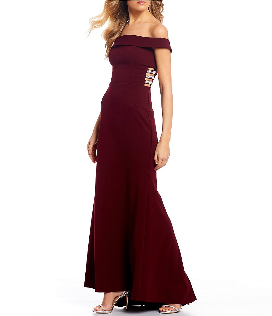 Xtraordinary Off-the-Shoulder Beaded-Side Trim Fitted Long Dress