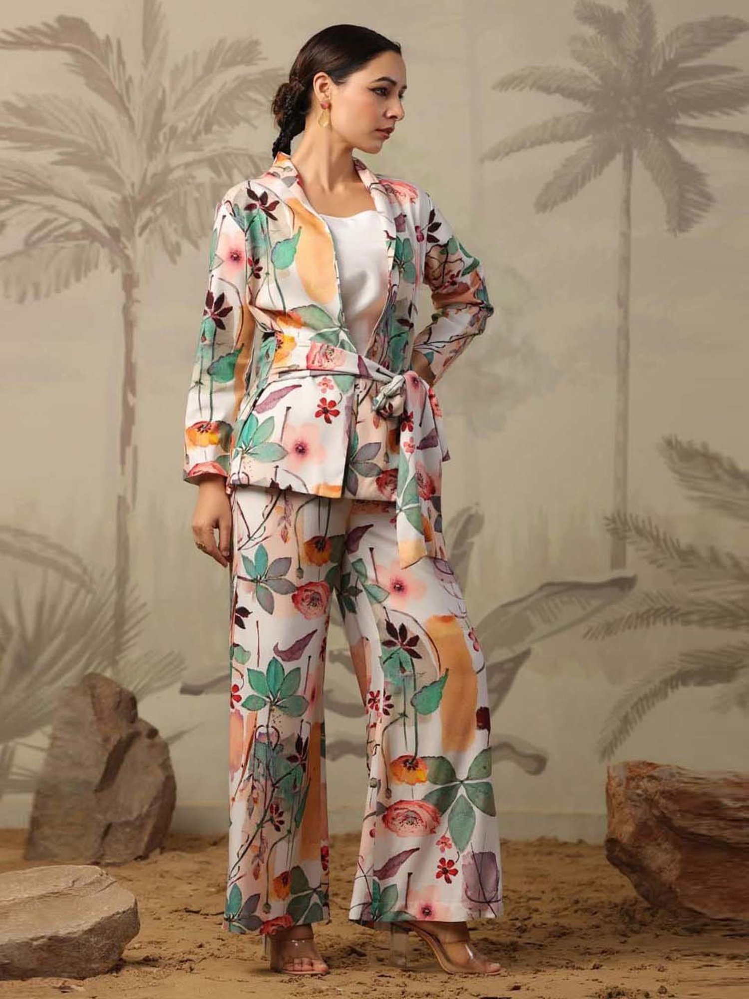 SCAKHI White Floral Print Blazer Palazzo Set