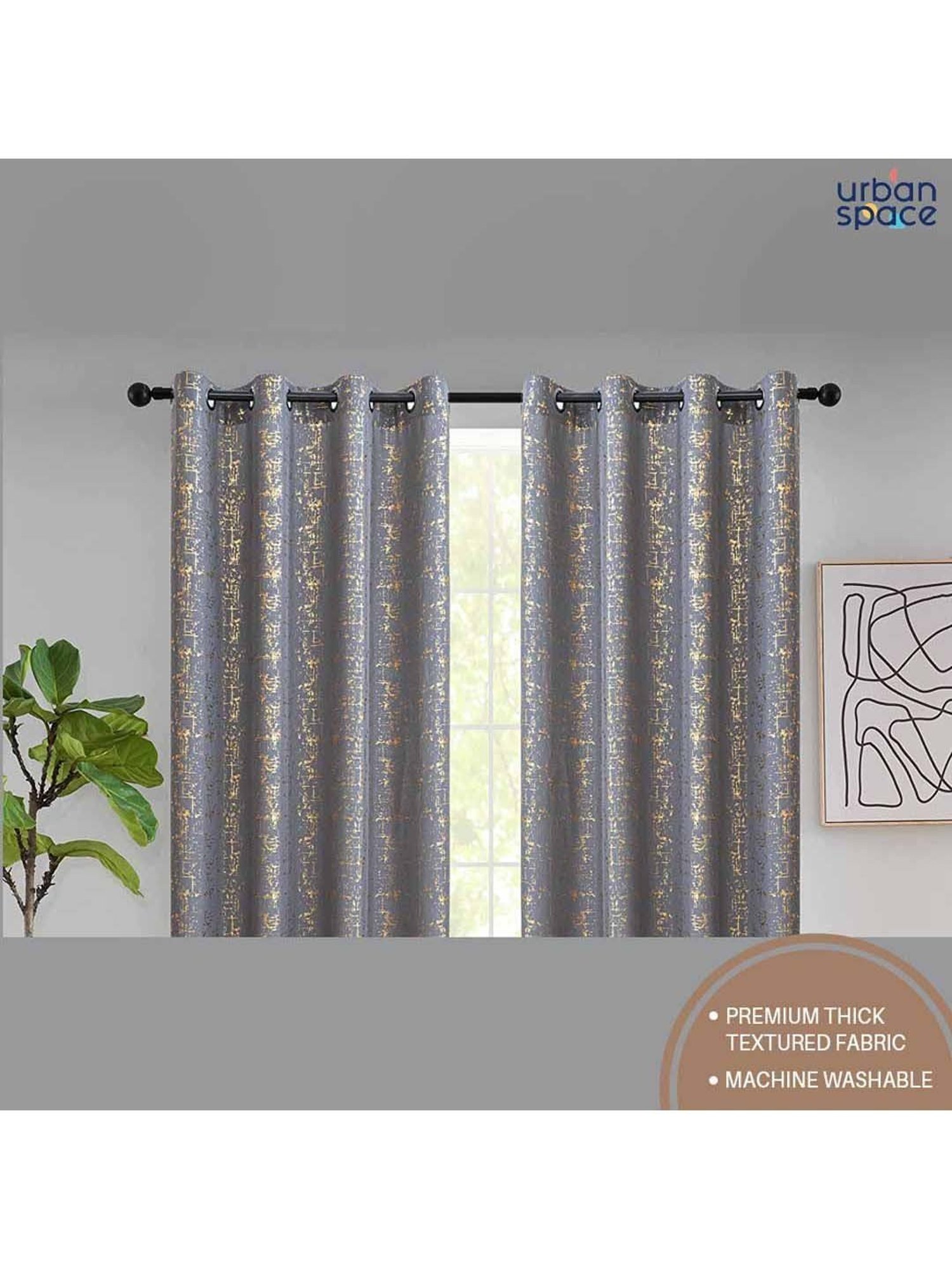 Urban Space Grey Polyester Window Curtain With Tieback & Eyelet