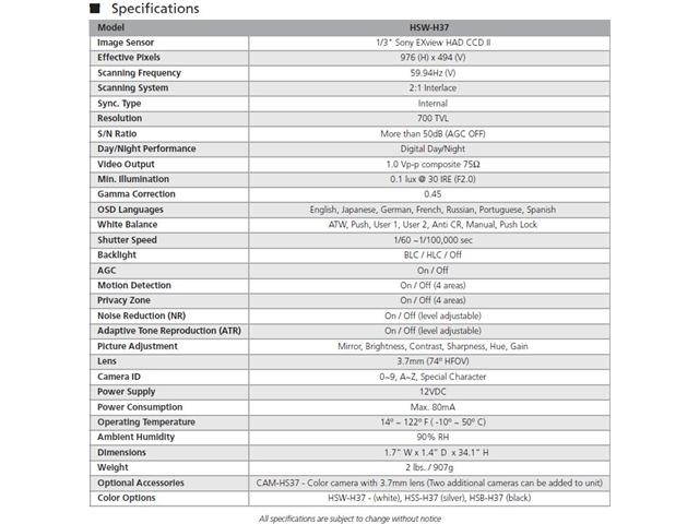 Computar Ganz High Quality CCTV Height Strip Camera HSW-H37 700 TVL Height Strip Camera with 3.7mm Lens