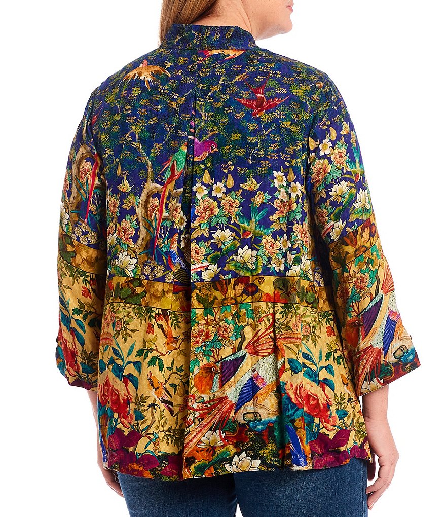 John Mark Plus Size Tropical Print Button Front Banded Collar Neck 3/4 Sleeve Jacquard Blouse