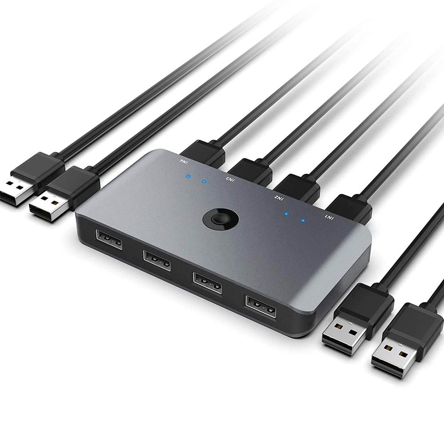 Aluminum Alloy USB 2.0 Computer KVM Switch Selector for 4 Computers Sharing 4 USB Devices USB 2.0 Peripheral KVM Switcher Adapter with One-Button Swapping and 4 Pack USB A to A Cable