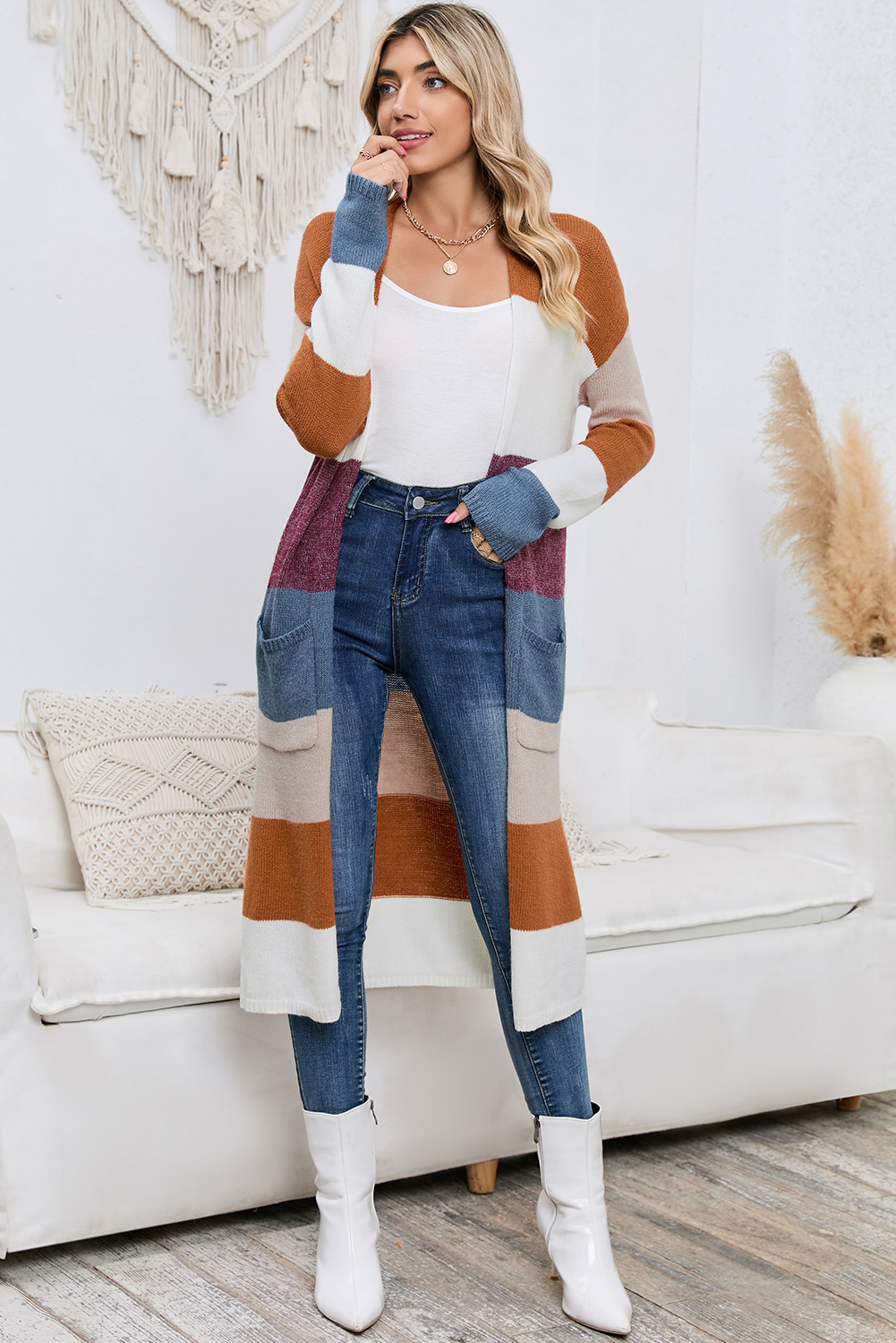 Black Plaid Casual Contrast Trim Knit Cardigan