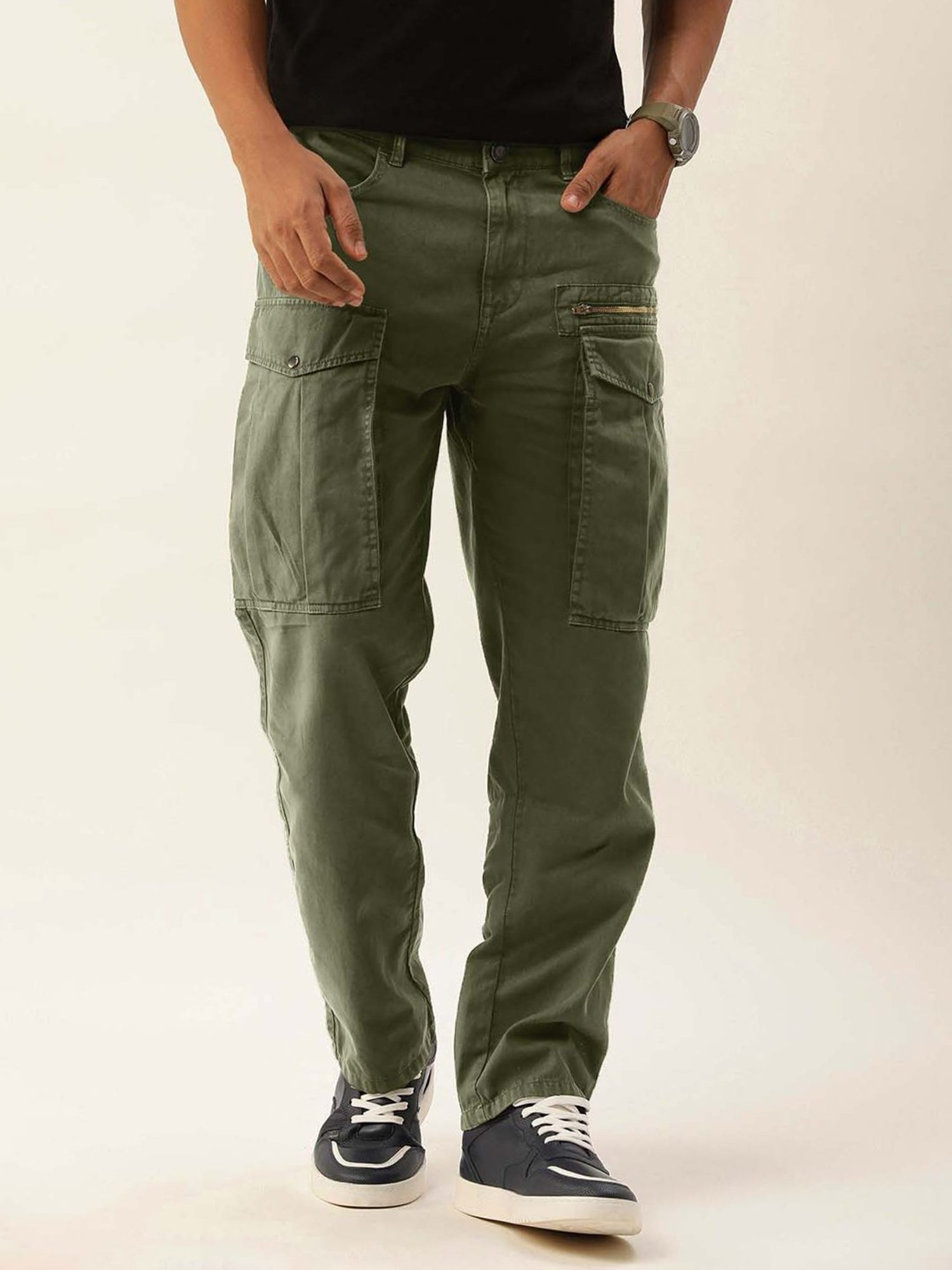 Bene Kleed Olive Loose Fit Overdyed Cotton Cargos