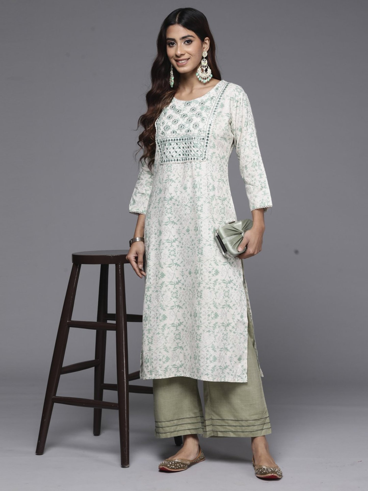 Indo Era Off-White & Green Embroidered Straight Kurta