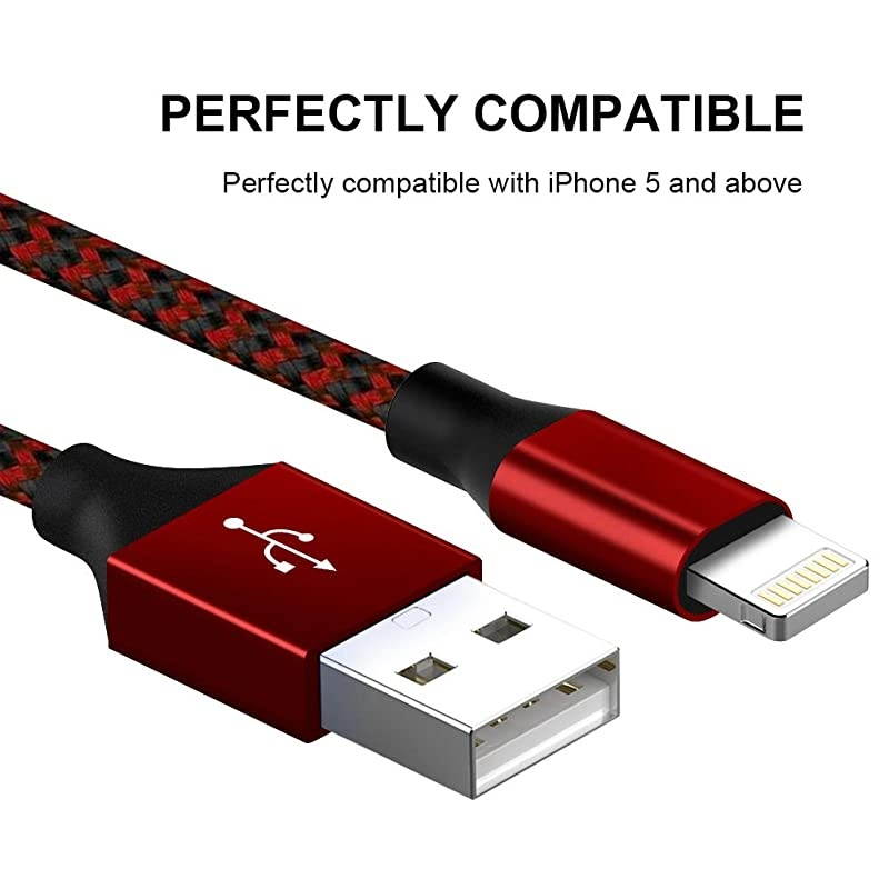 ChargerYEFOOT MFi Certified Lightning Cable336610FTUSB Syncing Data Nylon Braided with Metal Connector Compatible 11ProMaxXXSXRXS Max8Plus77 Plus MoreBlackRed
