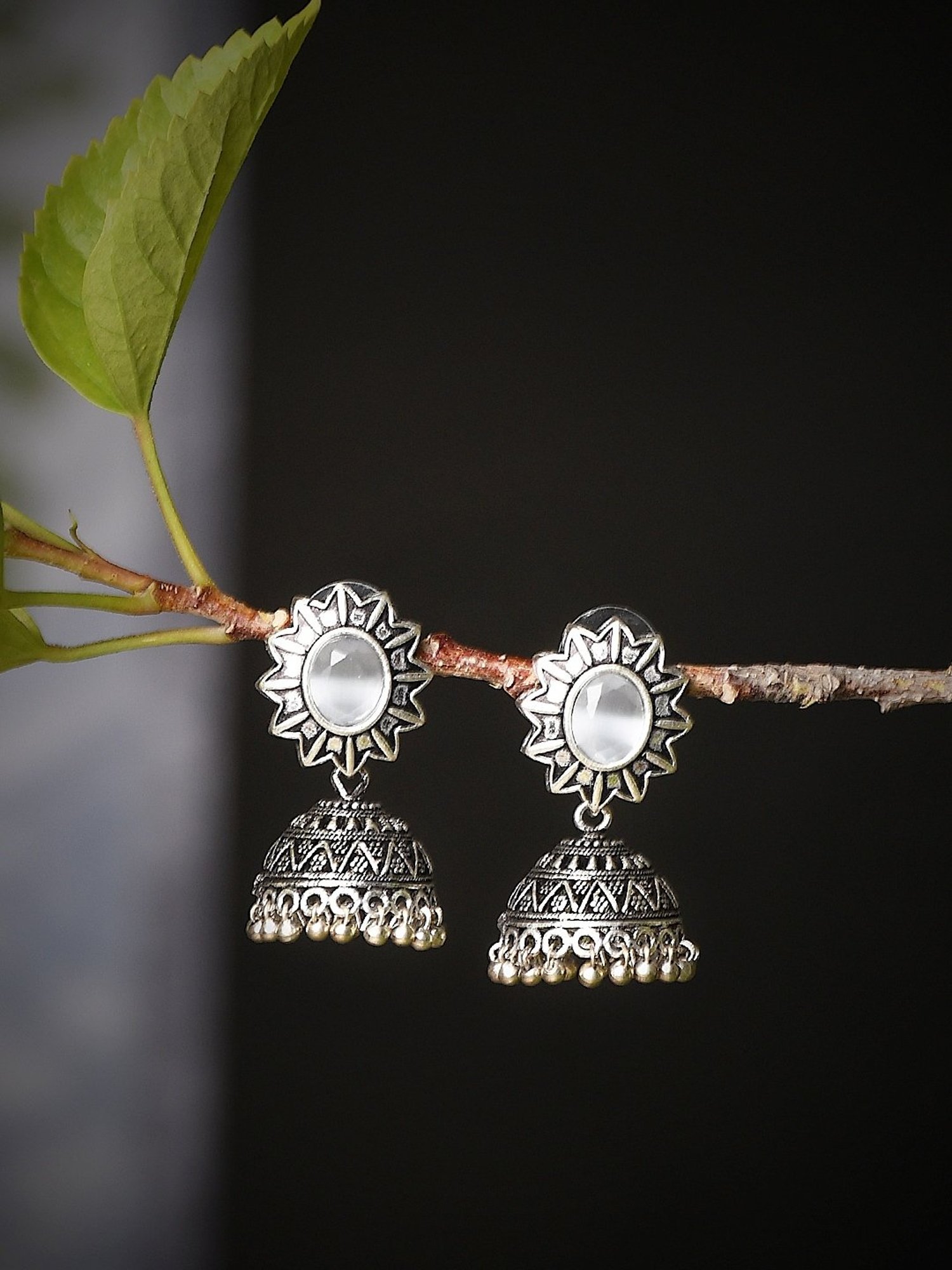 Imli Street White Silver Tone Stone-Studded Handcrafted Jhumki Earrings