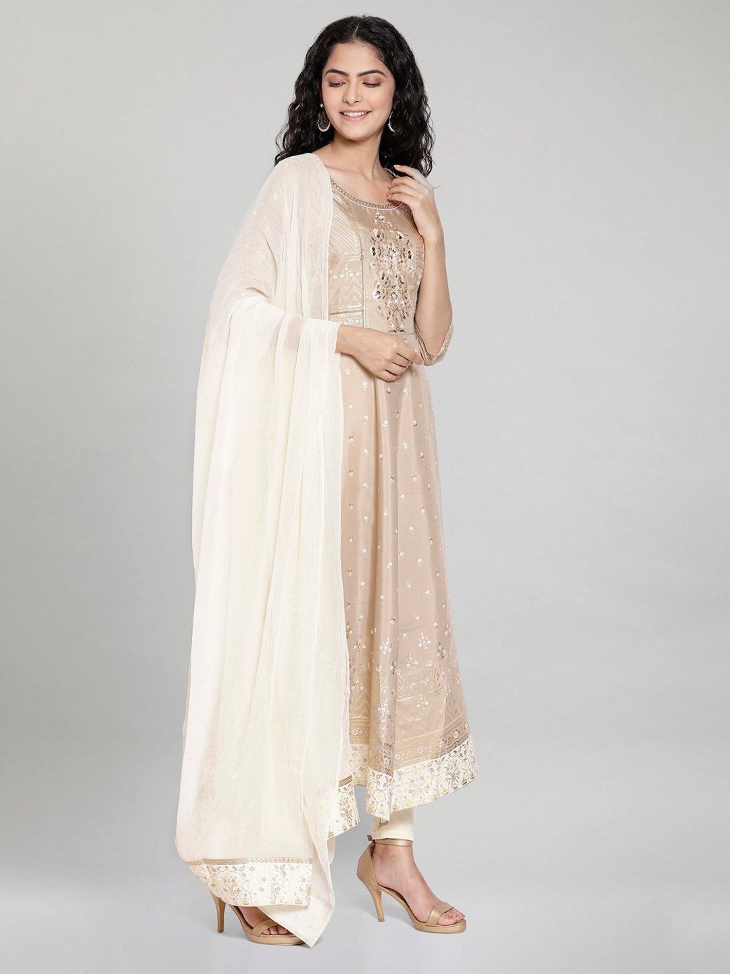 Aurelia Beige Printed Kurta & Tight With Dupatta