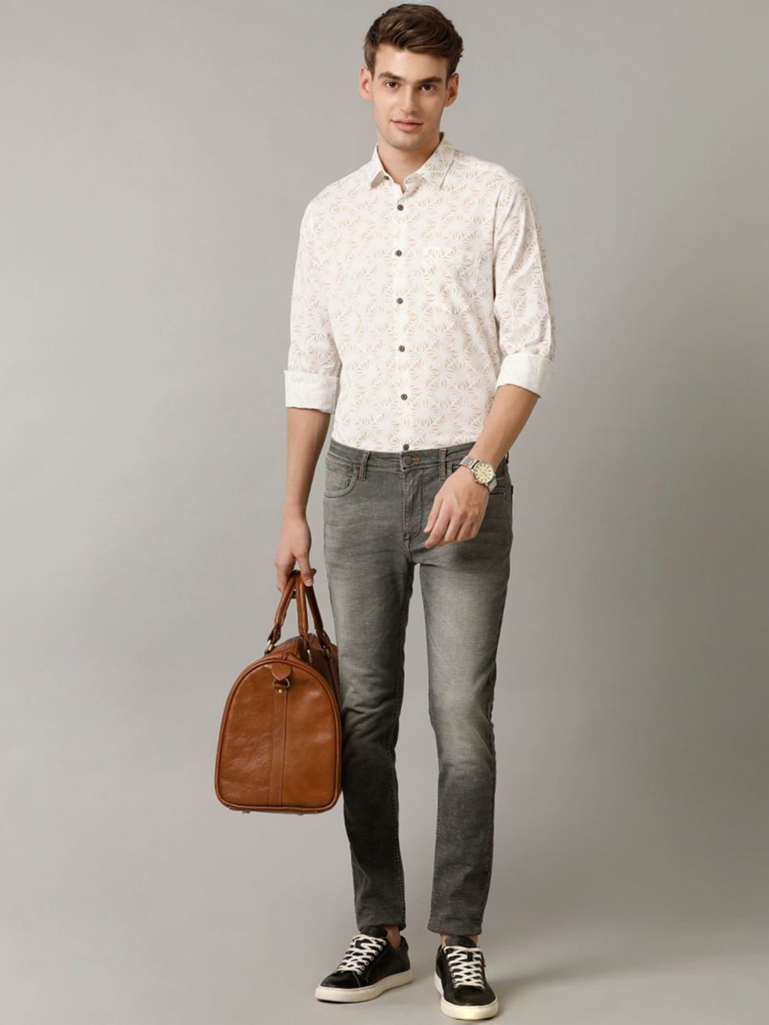 Cavallo By Linen Club Brown Linen Contemporary Fit Printed Shirt