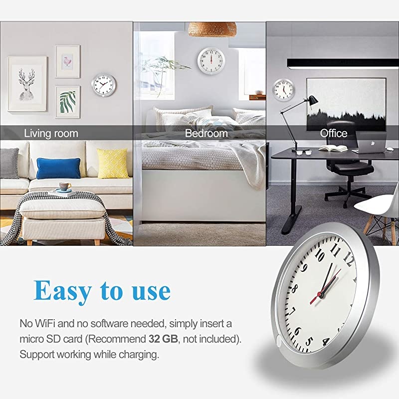 Hidden Camera Wall Clock Spy Camera Nanny Cam with PIR Motion Detection Indoor Covert Security Spy Camera for Home and Office No WiFi Function