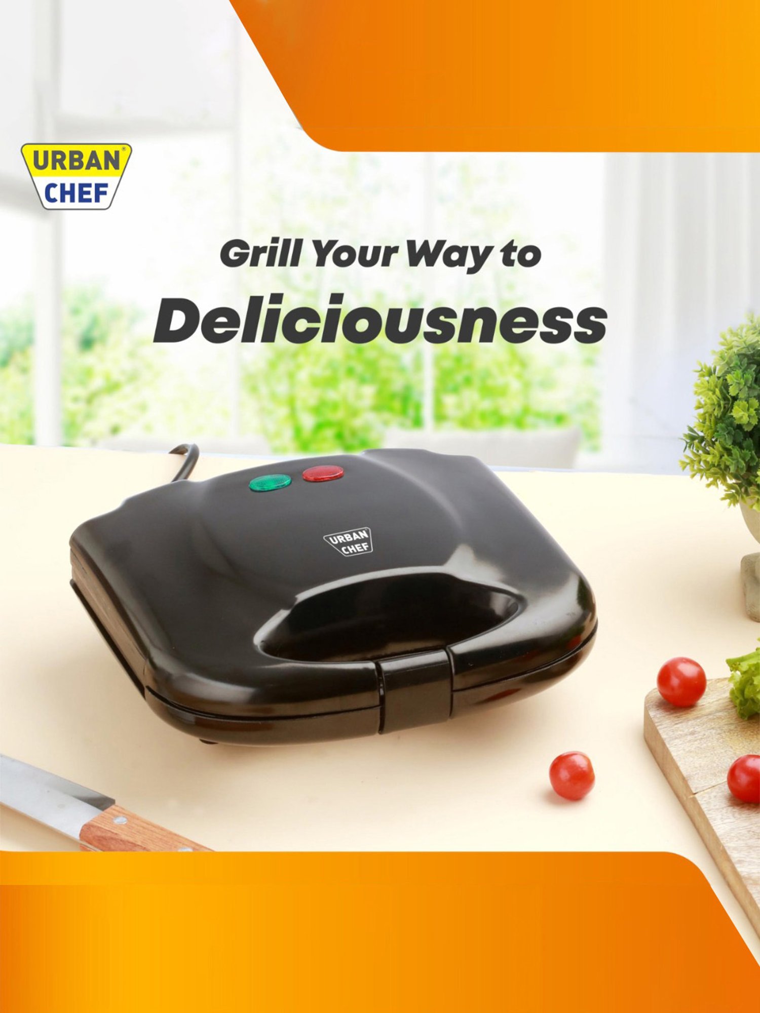 Urban Chef Sandwich Maker 750W with Non Stick Coating, Cool Touch (Black)