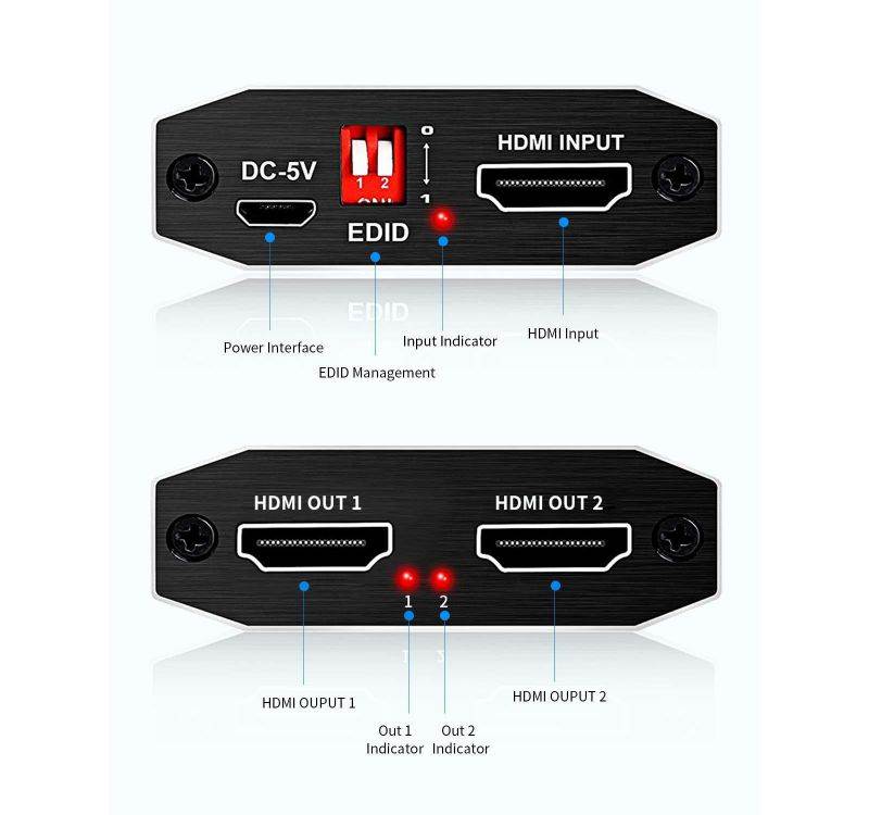HDMI Splitter 1 in 2 Out - EULAN Full HD 1080P 3D 4K HDMI Switch HDMI2.0b Splitter Support 3840x2160@60Hz, HDCP2.2, RGB 4:4:4, 18.5Gbps, Auto Scaling
