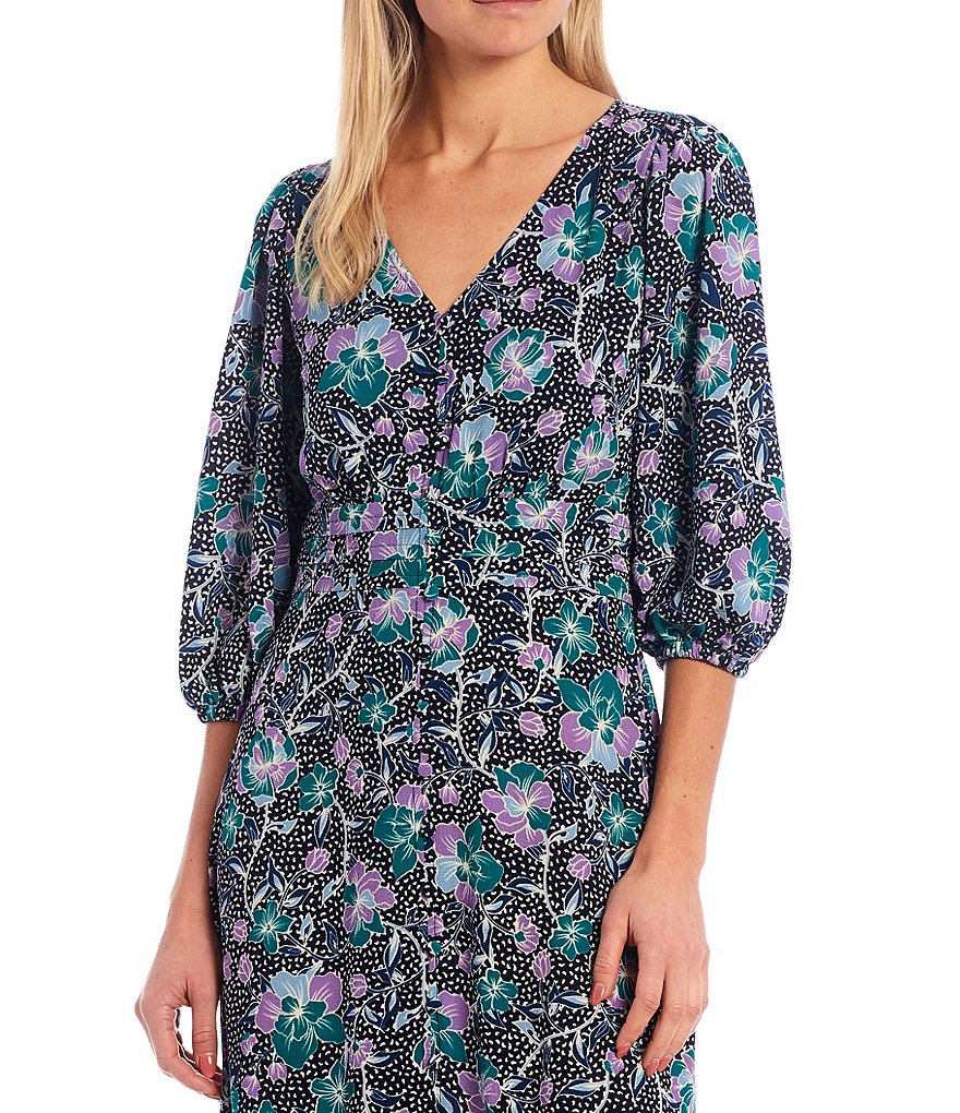 Maggy London V-Neck Floral Print Bubble Crepe Midi Dress