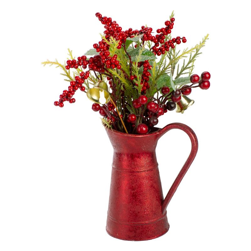 Northlight 13" Red and Green Foliage with Bell in Vintage Milk Jug Christmas Decoration