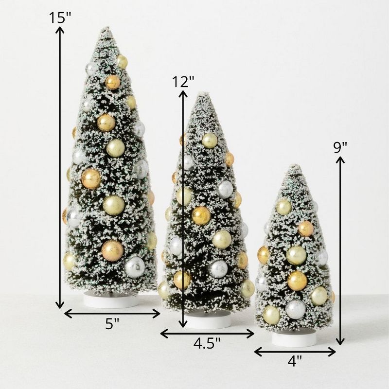 Sullivans Bottle Brush with Ornaments Artificial Tree Set of 3, 15"H, 12"H & 9"H Green