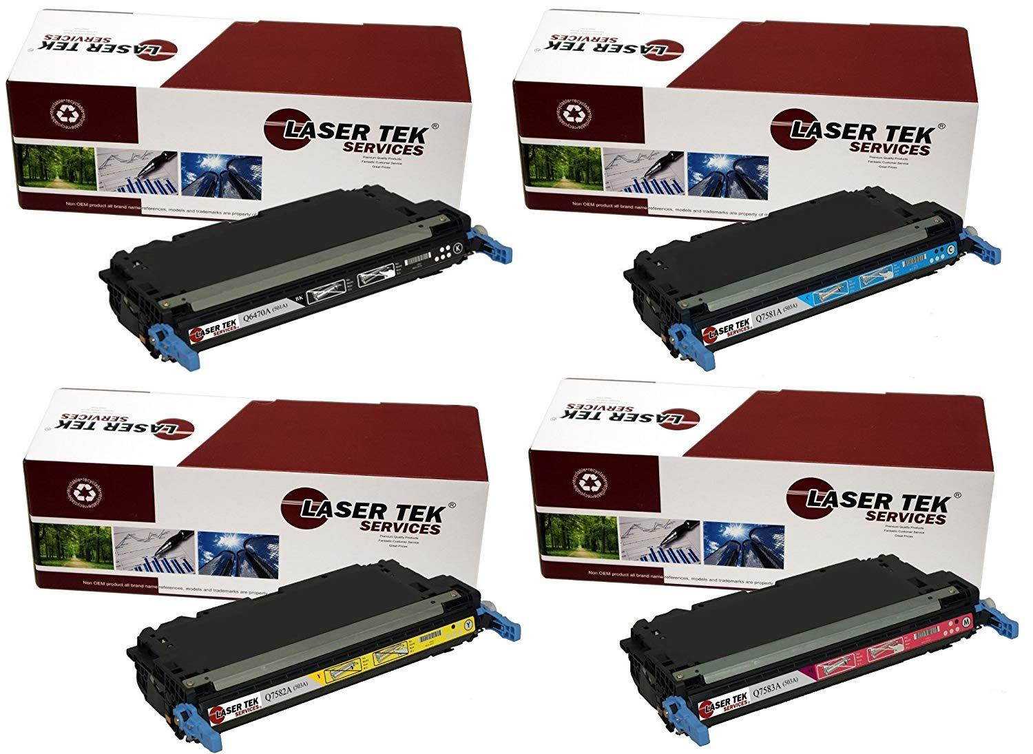Laser Tek Services&reg; 4 Pack Replacement HP 3800 (501A / 503A) High Yield Toner Cartridges (Q6470A, Q7581A, Q7582A, Q7583A)