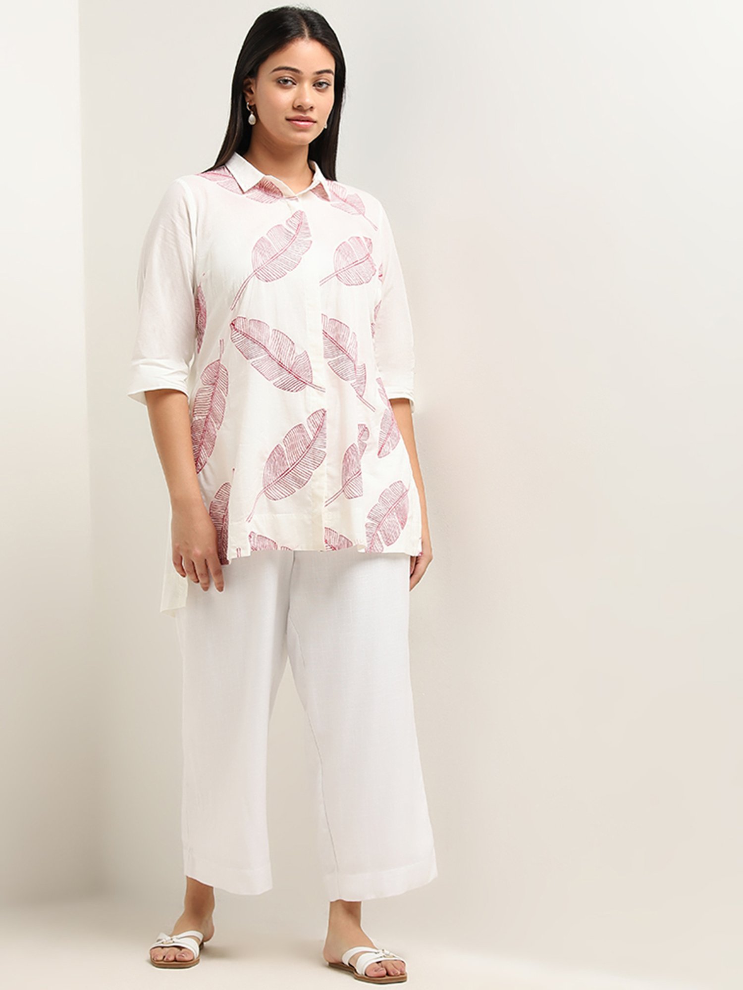 Diza by Westside Red Leaf Embroidered High-Low Cotton Tunic