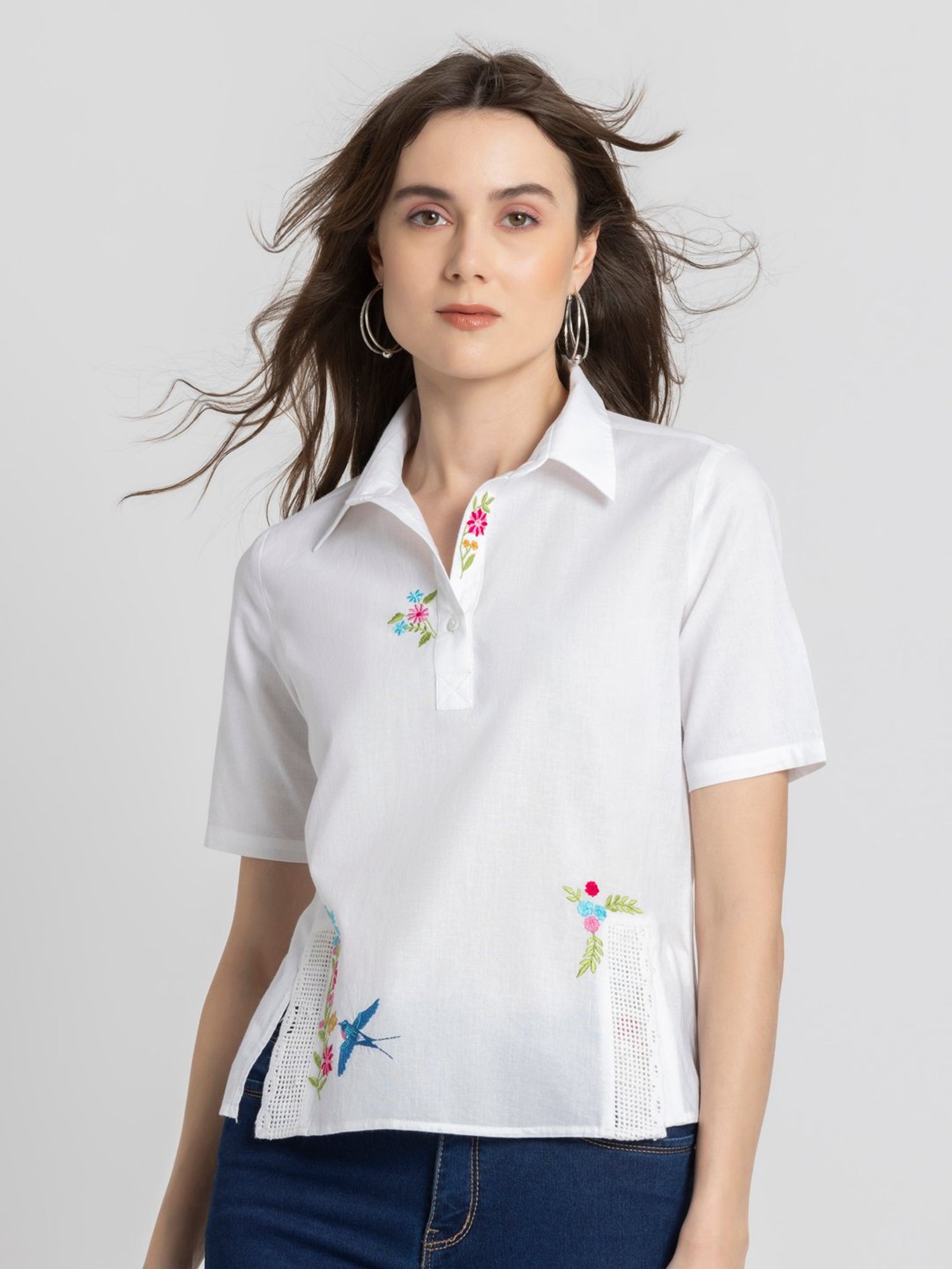 SHAYE White Cotton Embroidered Top