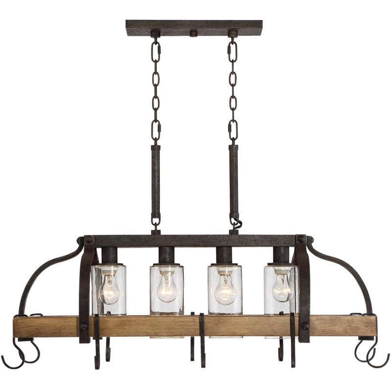 Franklin Iron Works Bronze Wood Pot Rack Linear Pendant Chandelier 36 1/2" Wide Rustic Farmhouse Seeded Glass 4-Light for Kitchen
