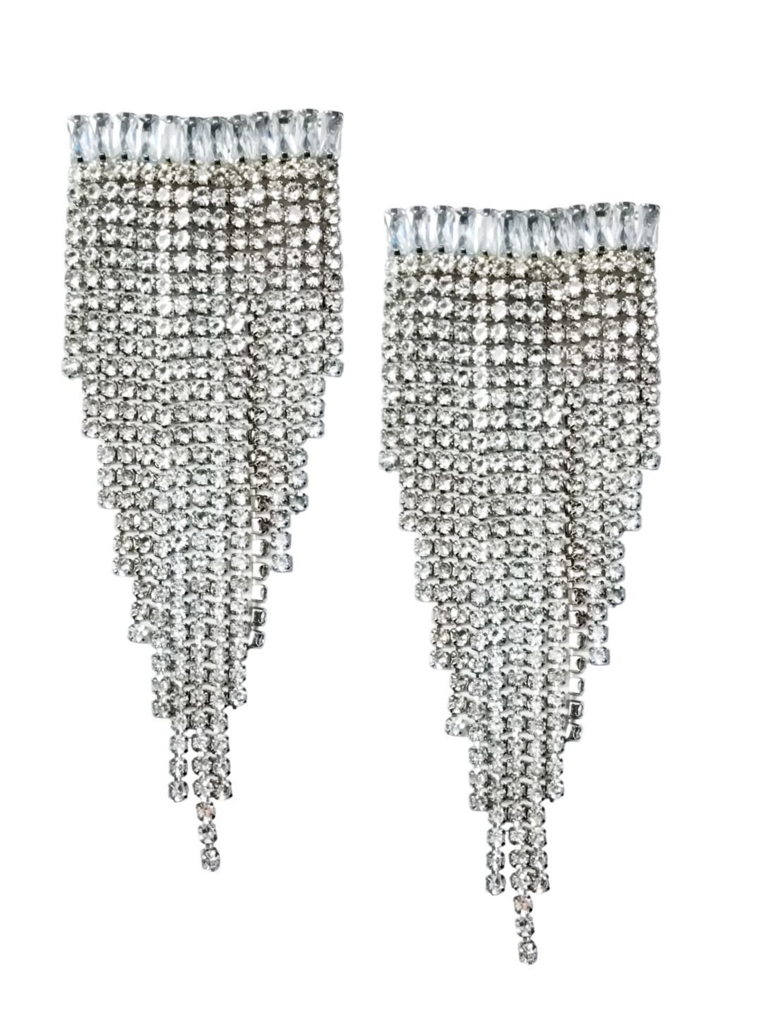 OOMPH Siver Crystal Rainfall Tassels Statement Dangler Earrings
