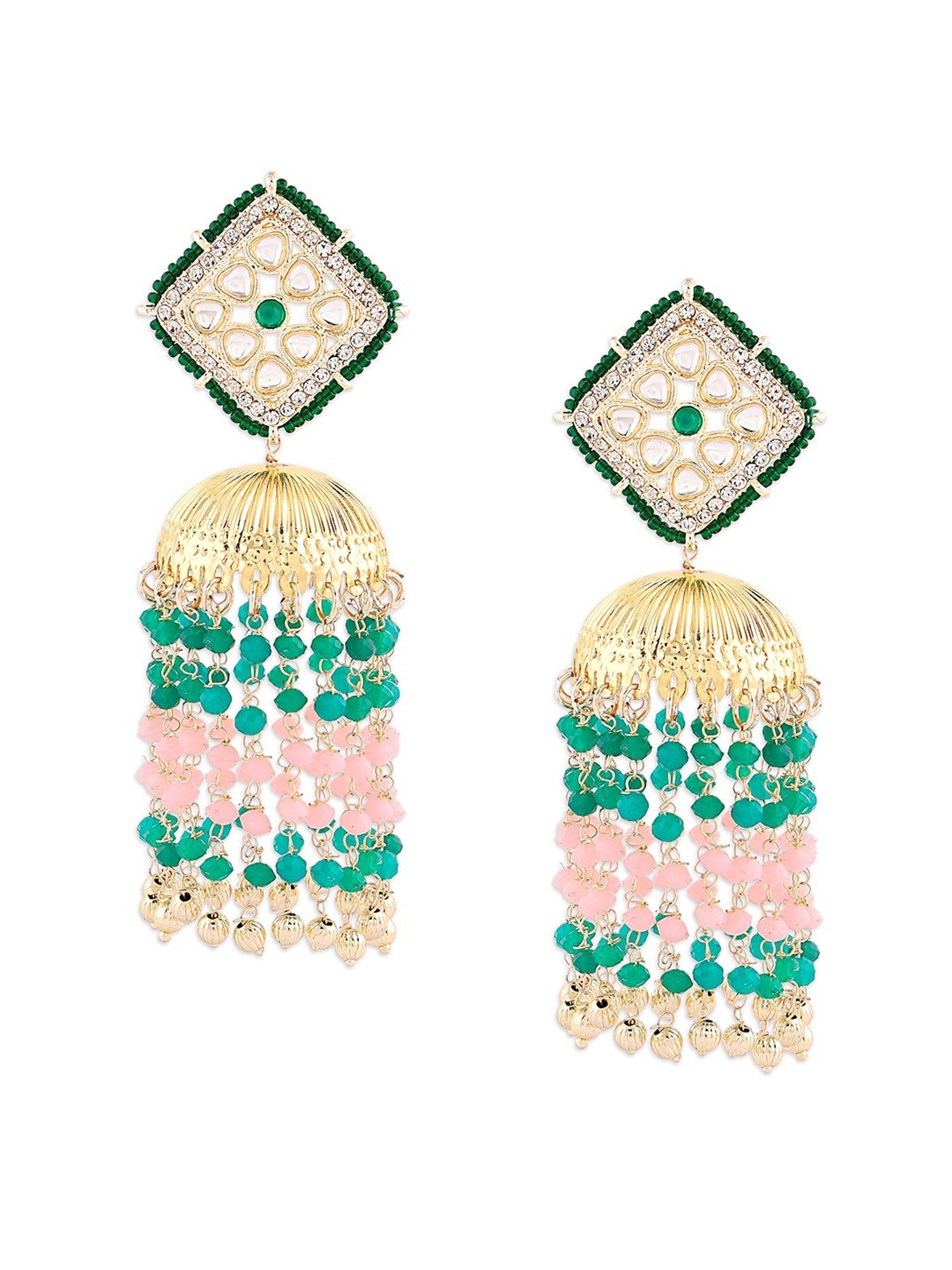 Zaveri Pearls Green Pink Beads Embellished Chain Fringe Kundan Jhumki Earring-ZPFK15849