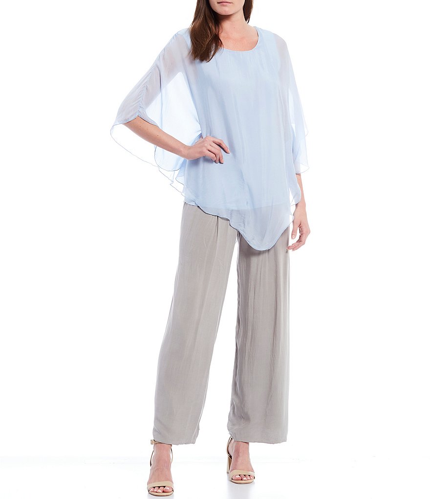 M Made in Italy 3/4 Sleeve Asymmetrical Hem Silky Woven Top