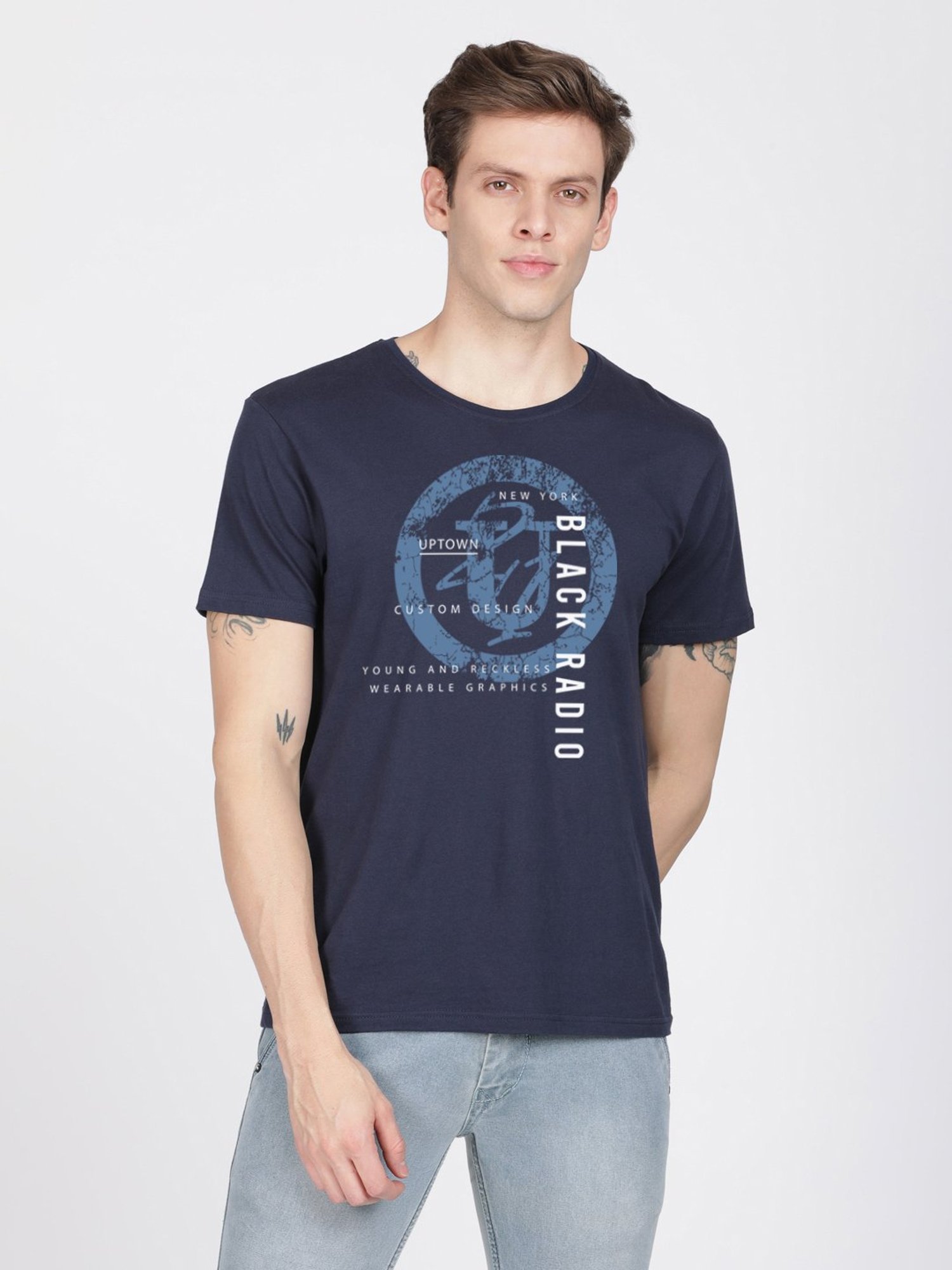 BLACK RADIO Navy Slim Fit Printed Cotton Crew T-Shirt
