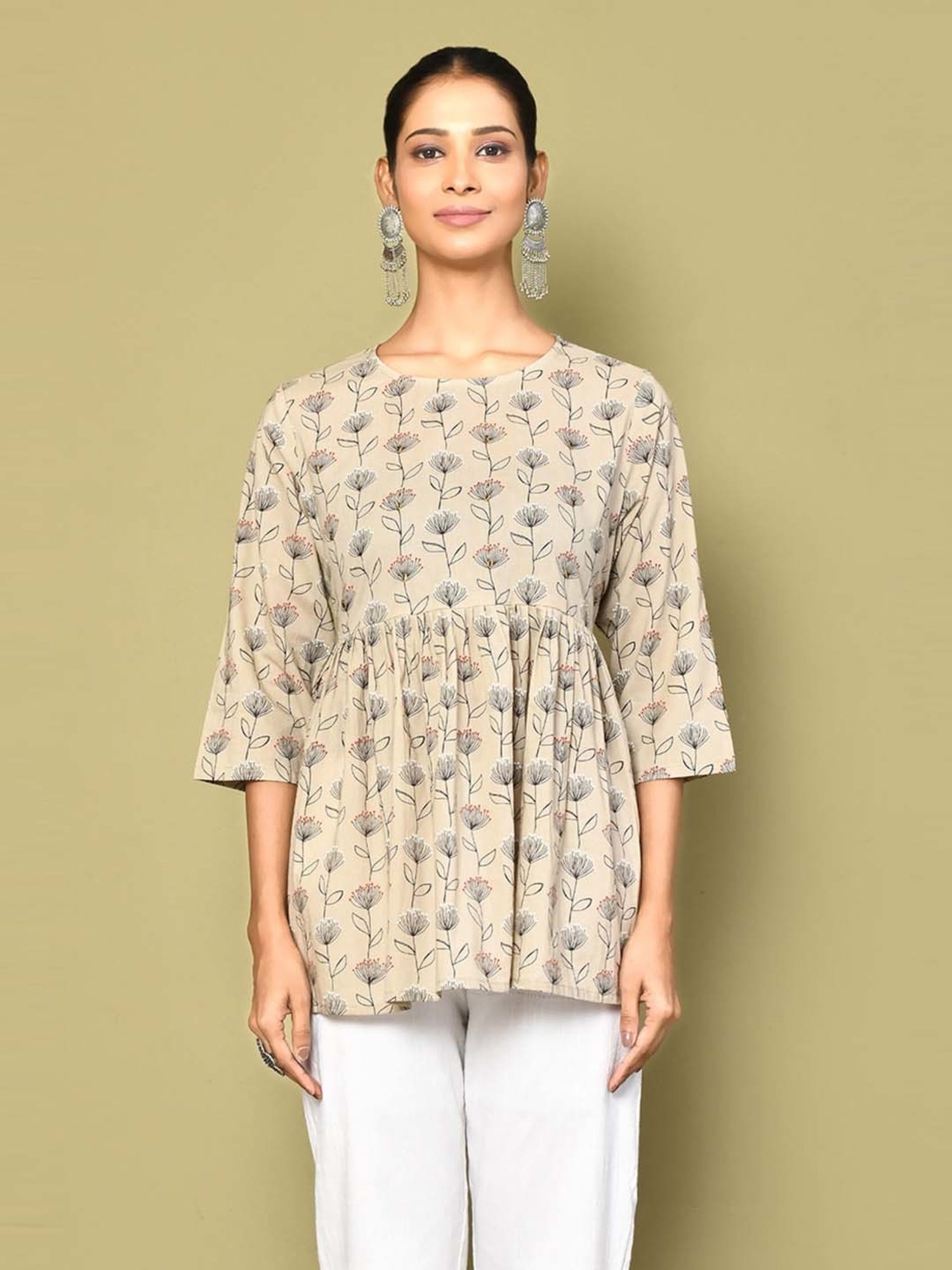 Miravan Beige Cotton Printed A Line Short Kurti