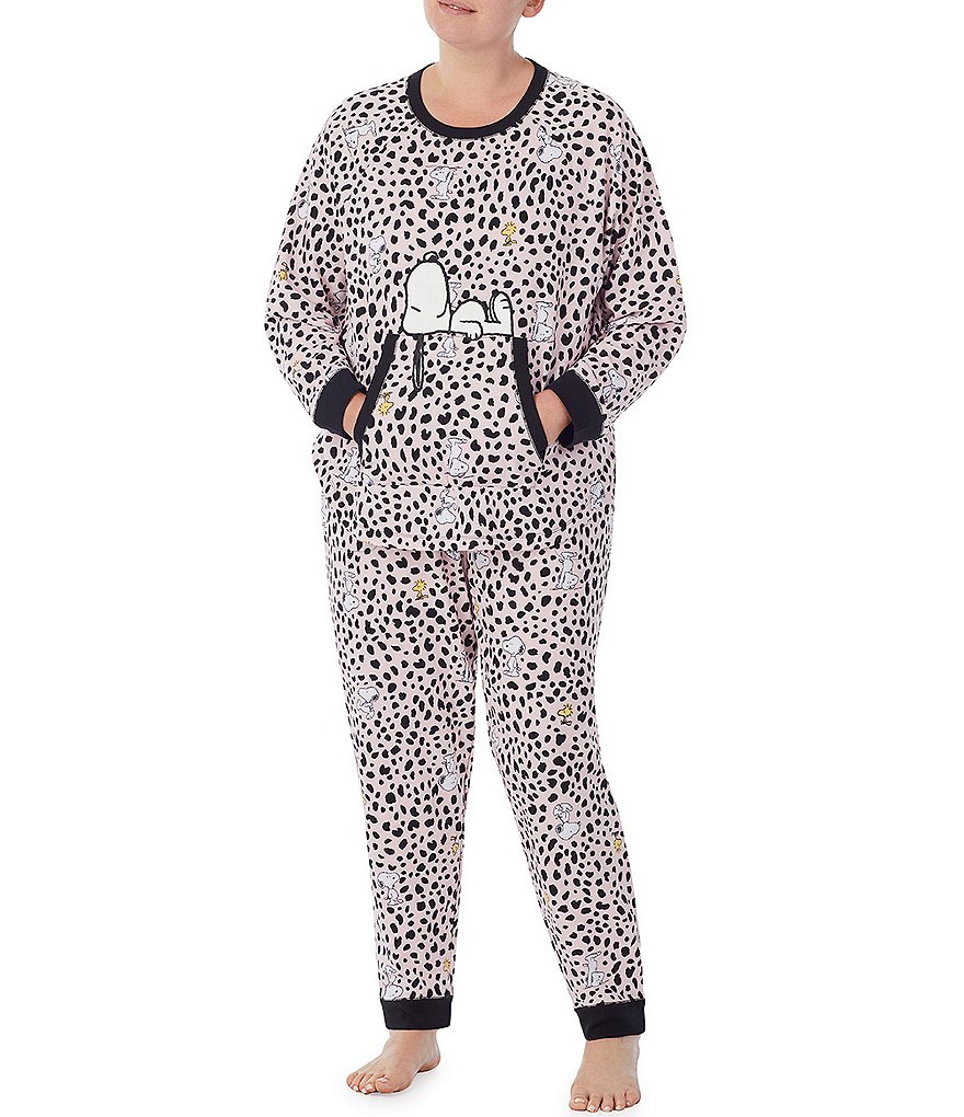 Peanuts Plus Leopard & Snoopy & Woodstock Printed French Terry Long Sleeve Coordinating Sleep Top