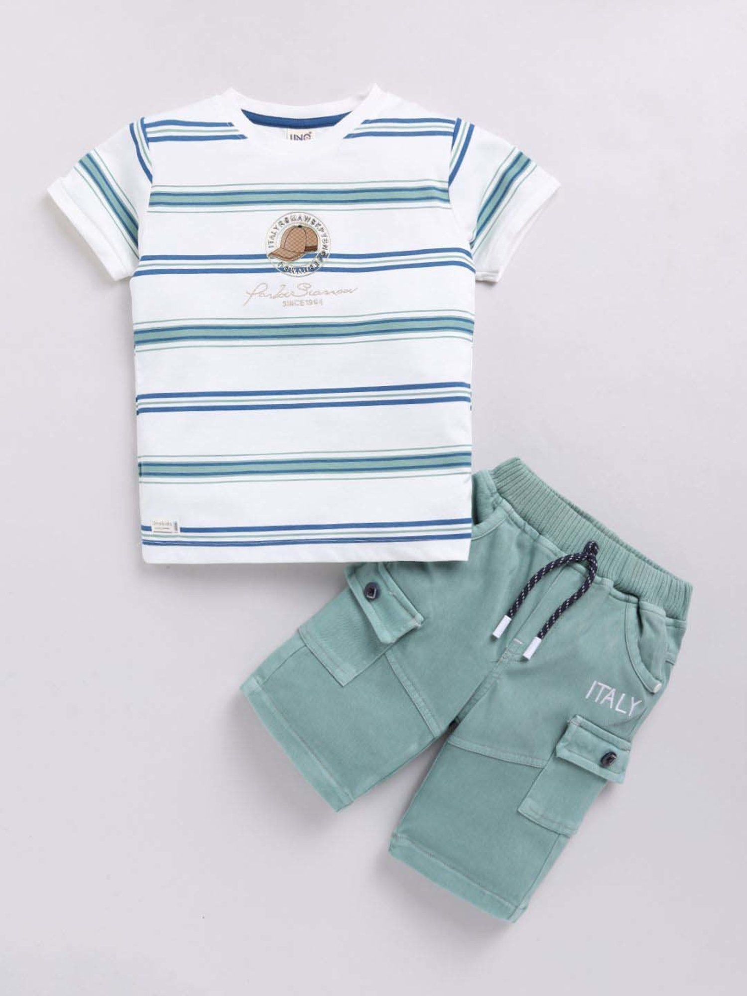 UNO KIDS Boys Green & White Striped Top & Short sets