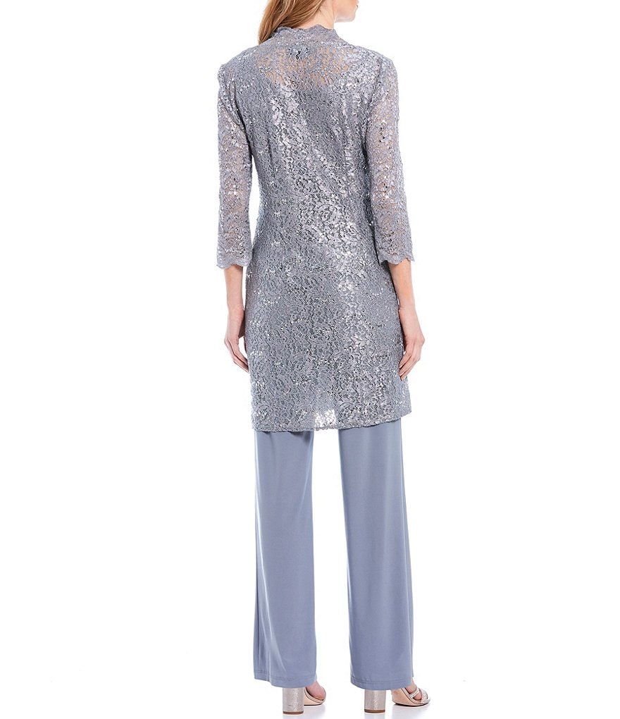 R & M Richards 3-Piece Sequin Glitter Scallop Lace Duster Pant Set