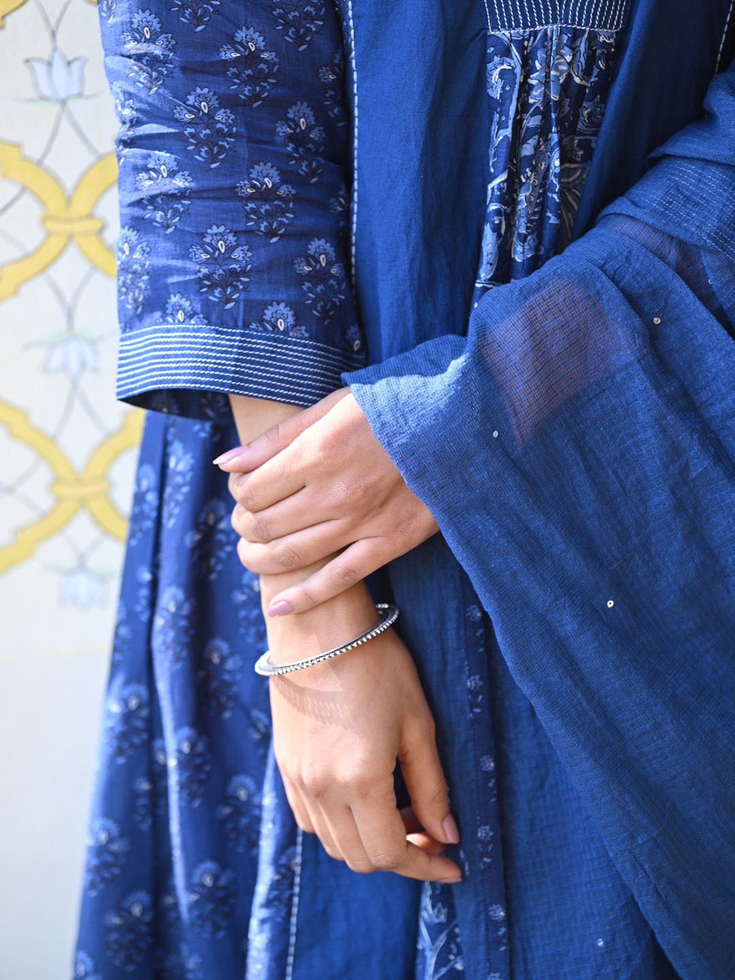 Mahee Jaipur Blue Indigo Block Panel Print Muslin Suit Set With Kota Doriya Dupatta