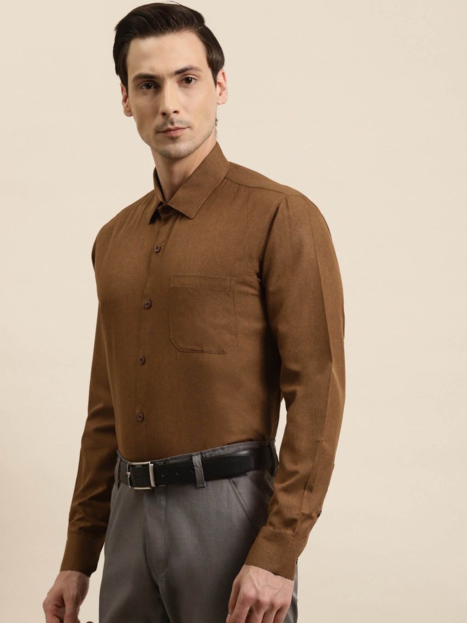 Sojanya Brown Cotton Regular Fit Self Pattern Shirt