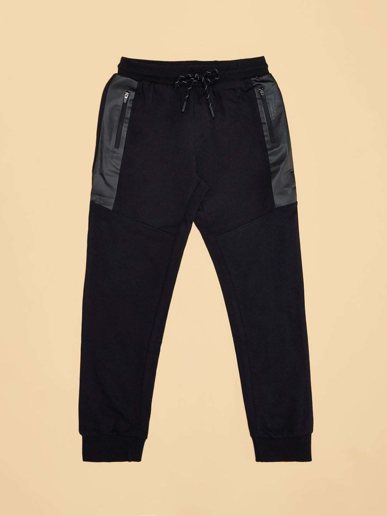 Pantaloons Junior Boys Jet Black Cotton Solid Track Bottoms & Joggers