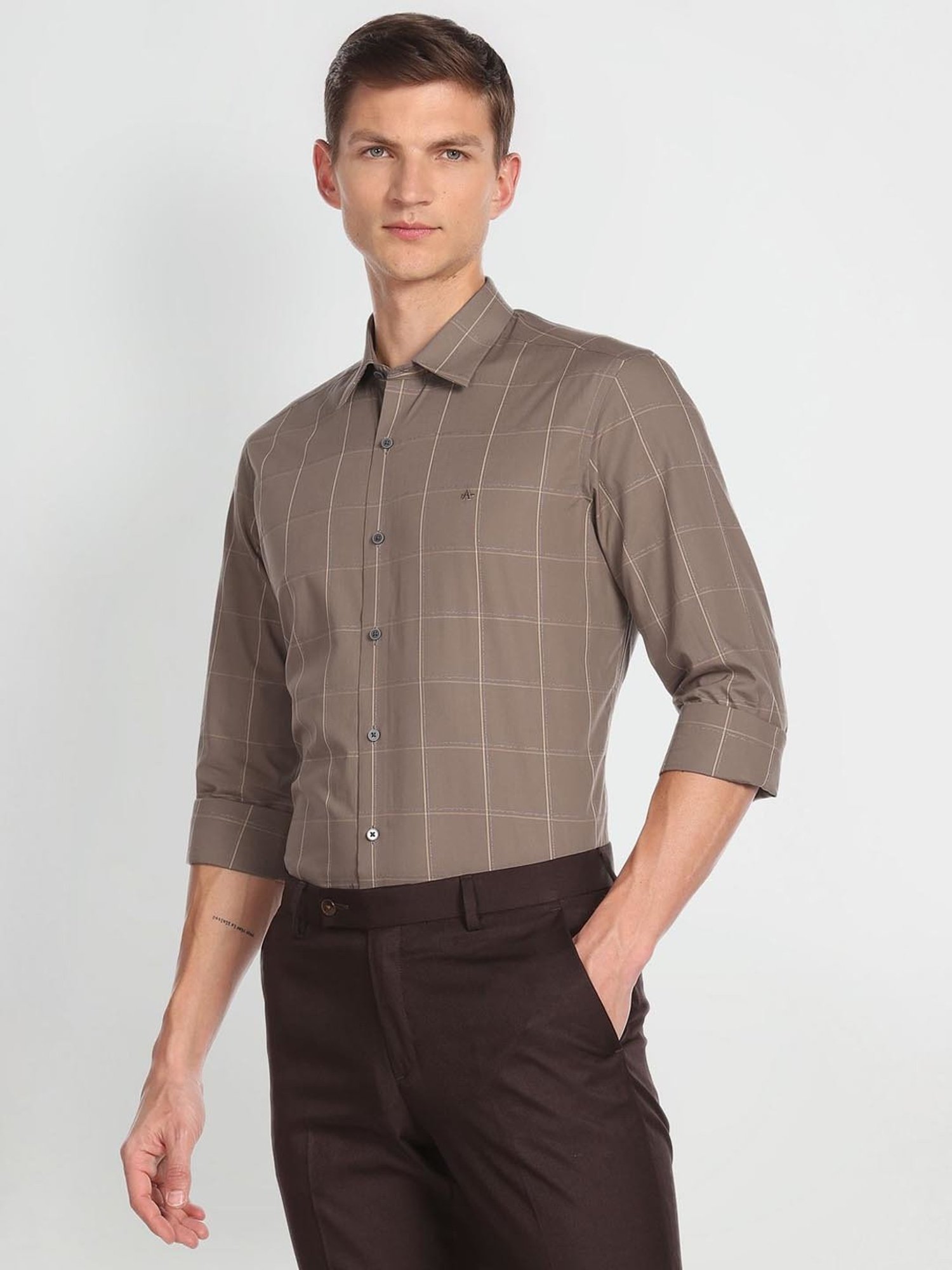 Arrow New York Brown Cotton Slim Fit Checks Shirt